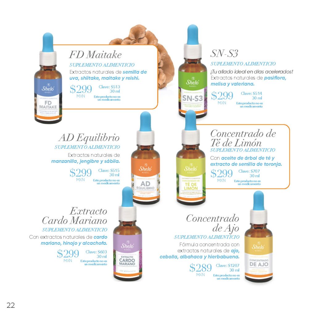 FD Maitake, SN-S3, AD Equilibrio, Concentrado de Té de Limón, Extracto Cardo Mariano, Concentrado de Ajo SUPLEMENTO ALIMENTICIO