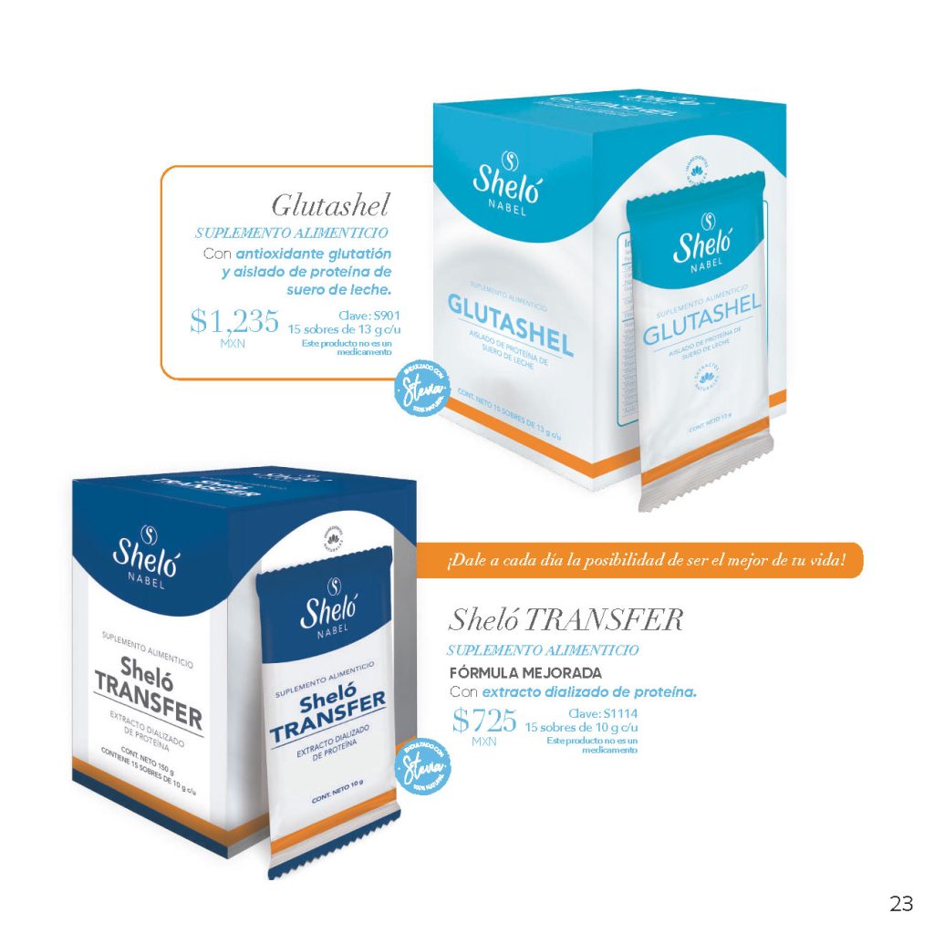 Glutashel SUPLEMENTO ALIMENTICIO Con antioxidante glutatión y aislado de proteína de suero de leche. Sheló TRANSFER SUPLEMENTO ALIMENTICIO