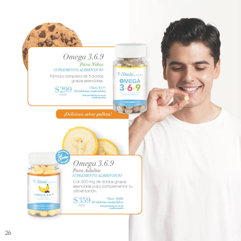 Omega 3.6.9 Para Niños SUPLEMENTO ALIMENTICIO Fórmula completa de 3 ácidos grasos esenciales. Omega 3.6.9 Para Adultos SUPLEMENTO ALIMENTICIO Con 500 mg de ácidos grasos esenciales para complementar tu alimentación.