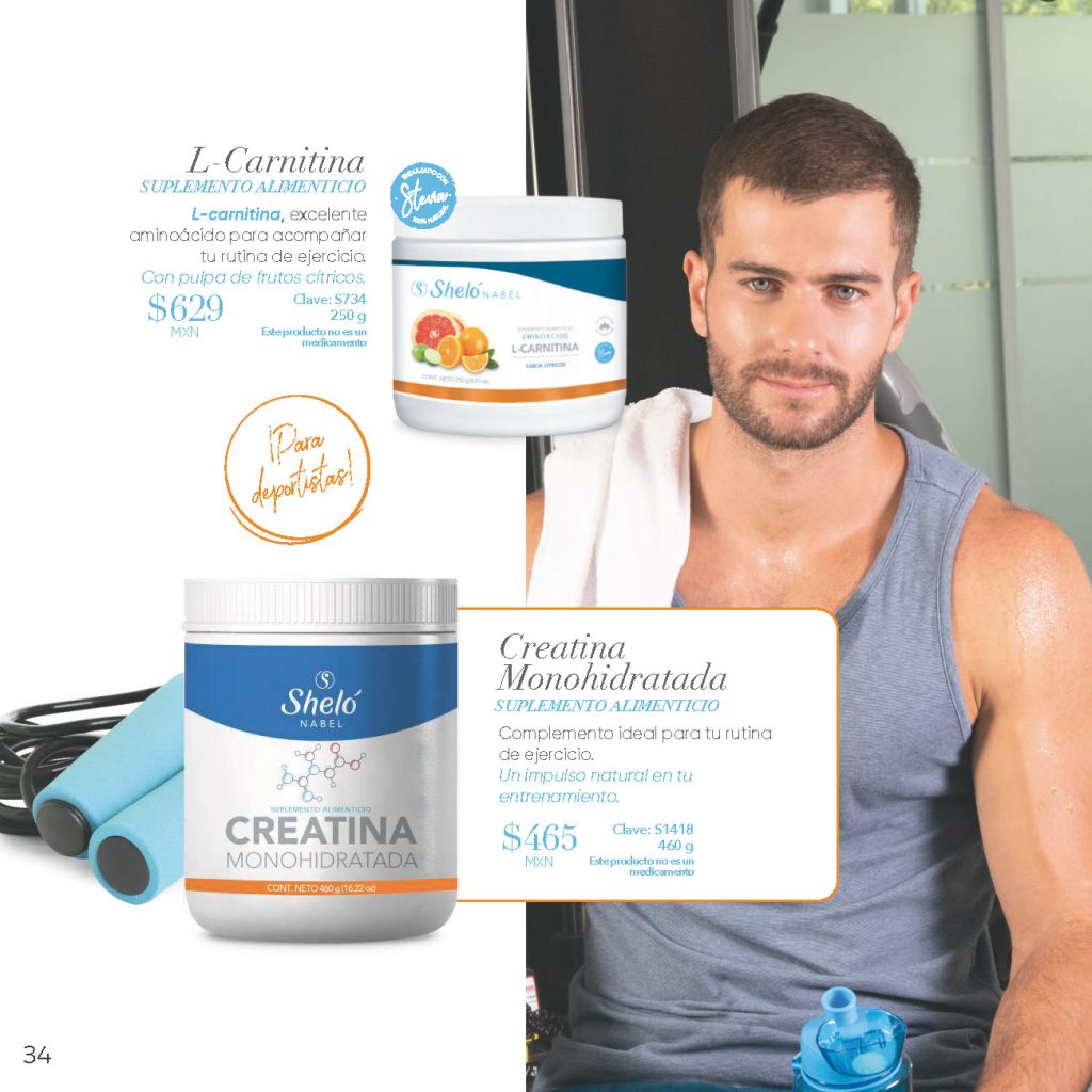 L-Carnitina SUPLEMENTO ALIMENTICIO L-carnitina, excelente
aminoácido para acompañar tu rutina de ejercicio. Creatina Monohidratada SUPLEMENTO ALIMENTICIO Complemento ideal para tu rutina de ejercicio.