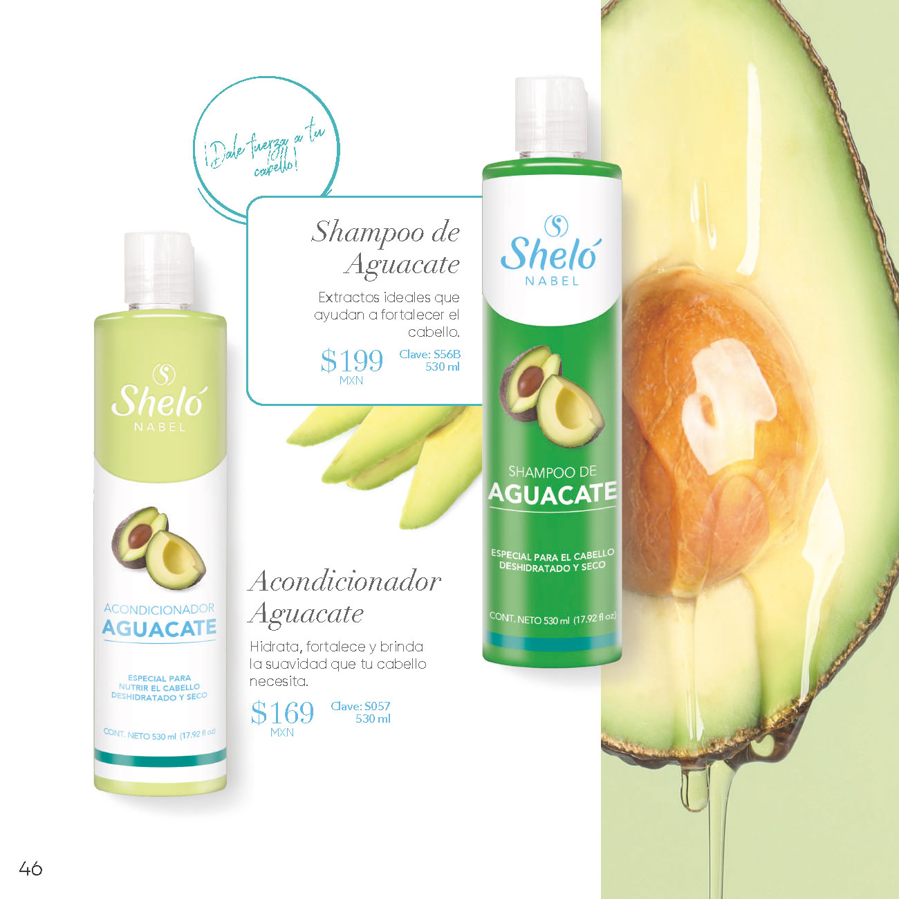 Shampoo de Aguacate Extractos ideales que ayudan a fortalecer el cabello. Acondicionador Aguacate Hidrata, fortalece y brinda la suavidad que tu cabello necesita.