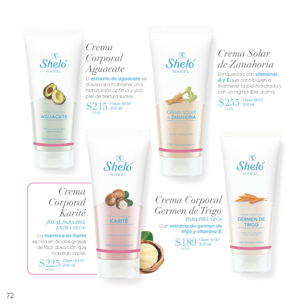 Crema Corporal Aguacate, Crema Solar de Zanahoria, Crema Corporal Karité, Crema Corporal Germen de Trigo