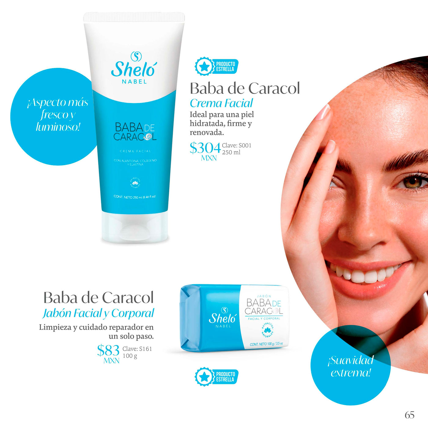 Baba de Caracol Crema Facial ideal para una piel hidratada, firme y renovada. Baba de Caracol Jabón Facial y Corporal Limpieza y cuidado reparador en un solo paso. Familia Baba de Caracol