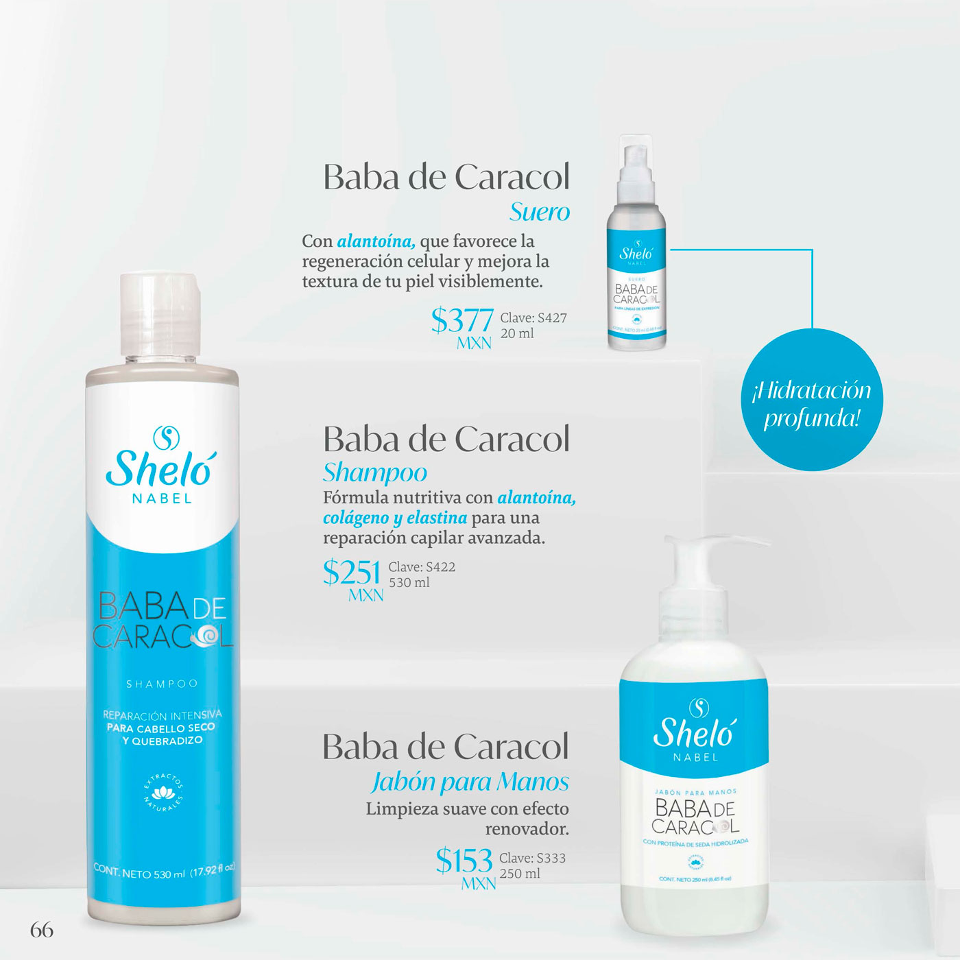 Baba de Caracol Suero Con alantoína, que favorece la regeneración celular y mejora la textura de tu piel visiblemente. Baba de Caracol shampoo. Baba de Caracol Jah6n para Manos