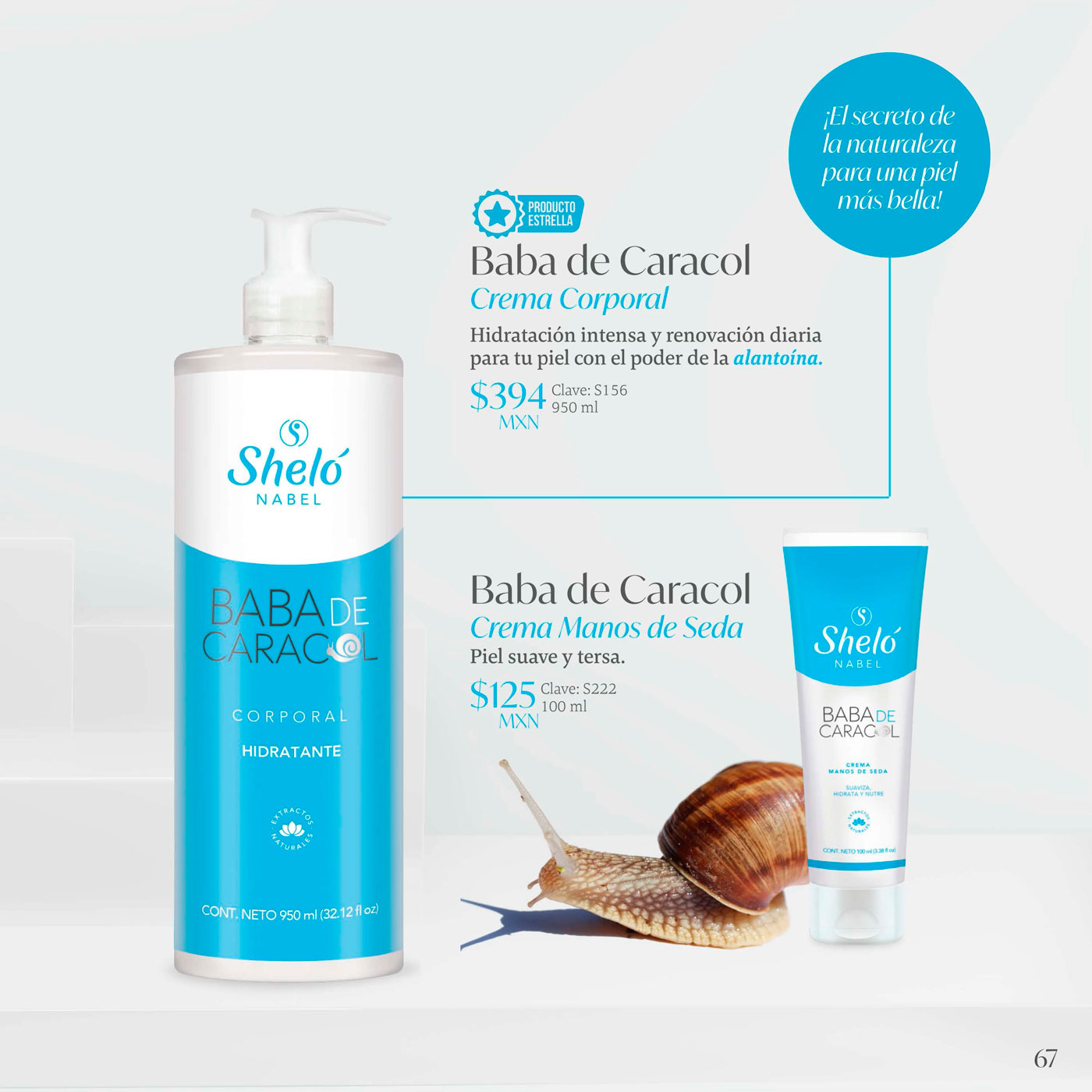 Baba de Caracol Crema Corporal Hidratación intensa y renovación diaria para tu piel con el poder de la alantoína. Baba de Caracol Crema Manos de Seda Piel suave y tersa.